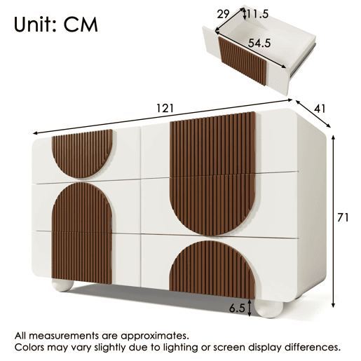 Cômoda 121x71x41 cm - 6 gavetas, design curvo, tiras de madeira chocolate, branco