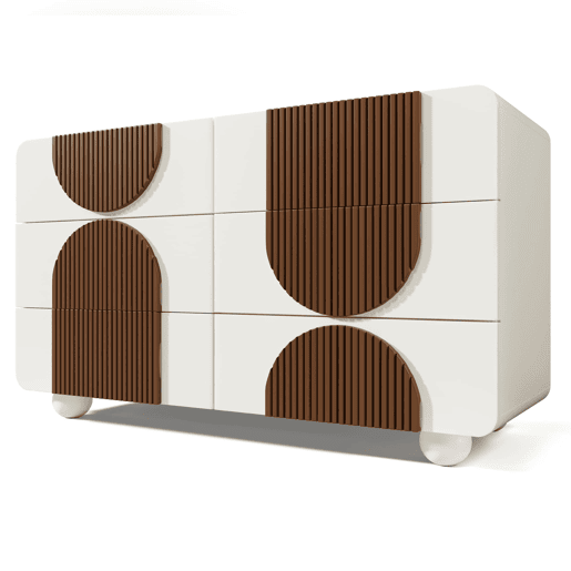 Cômoda 121x71x41 cm - 6 gavetas, design curvo, tiras de madeira chocolate, branco