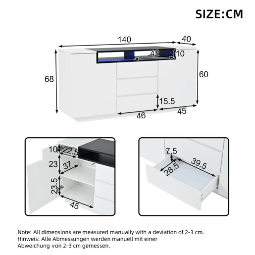Aparador 140x40x68 cm - Com 2 portas L, 3 gavetas, divisórias ajustáveis e luzes LED - Branco