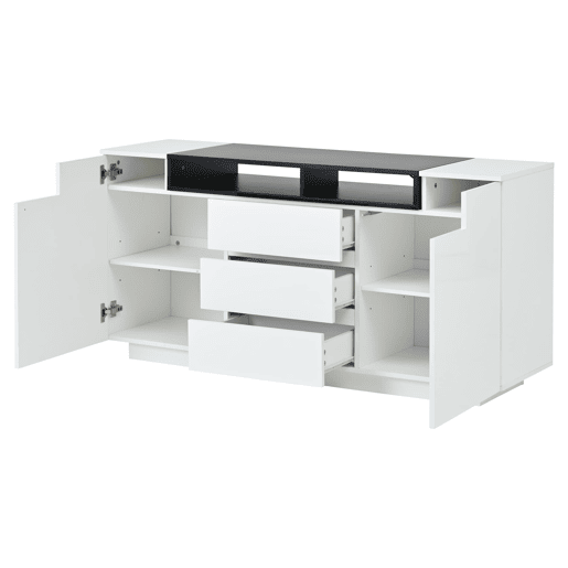 Aparador 140x40x68 cm - Com 2 portas L, 3 gavetas, divisórias ajustáveis e luzes LED - Branco