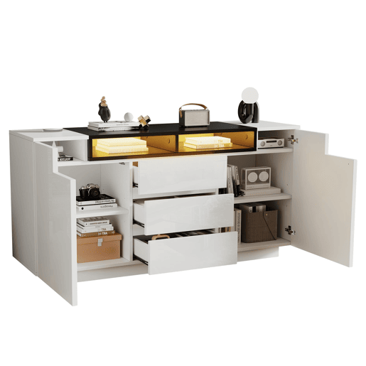 Aparador 140x40x68 cm - Com 2 portas L, 3 gavetas, divisórias ajustáveis e luzes LED - Branco