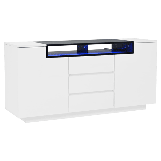 Aparador 140x40x68 cm - Com 2 portas L, 3 gavetas, divisórias ajustáveis e luzes LED - Branco