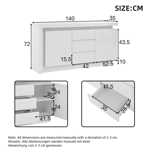 Aparador 140x35x72 cm - CĂ´moda com 3 gavetas e 2 portas - Branco Aparador 140x35x72 cm - CĂ´moda com 3 gavetas e 2 portas - Branco