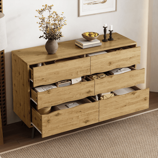 Aparador moderno 120x40x75,5 cm - 6 gavetas, design minimalista, pernas de metal - Madeira