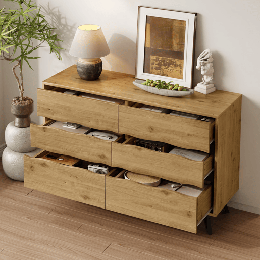 Aparador moderno 120x40x75,5 cm - 6 gavetas, design minimalista, pernas de metal - Madeira