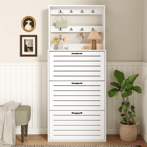 Sapateira com 3 portas - Prateleira para sapatos, gancho para chapéus e bolsas - Branco