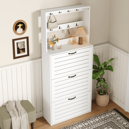 Sapateira com 3 portas - Prateleira para sapatos, gancho para chapéus e bolsas - Branco