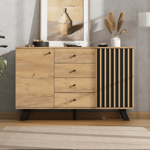 Aparador 120x38x75 cm - 4 gavetas, 2 armários, design oco, 5 pés em madeira maciça - Preto + Natural