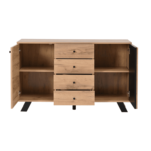 Aparador 120x38x75 cm - 4 gavetas, 2 armários, design oco, 5 pés em madeira maciça - Preto + Natural