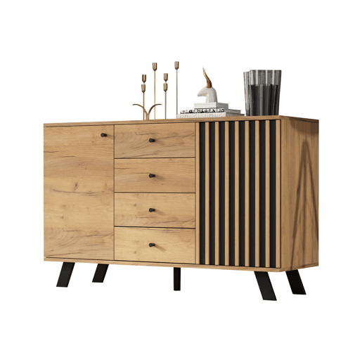 Aparador 120x38x75 cm - 4 gavetas, 2 armários, design oco, 5 pés em madeira maciça - Preto + Natural