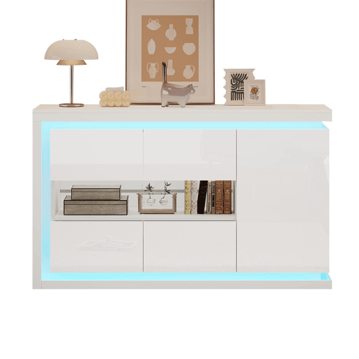 Móvel de sala 140x40x84 cm - Cômoda moderna com 4 compartimentos, iluminação LED, portas de vidro temperado - Branco