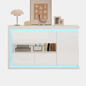 Móvel de sala 140x40x84 cm - Cômoda moderna com 4 compartimentos, iluminação LED, portas de vidro temperado - Branco