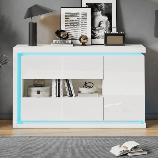 Móvel de sala 140x40x84 cm - Cômoda moderna com 4 compartimentos, iluminação LED, portas de vidro temperado - Branco