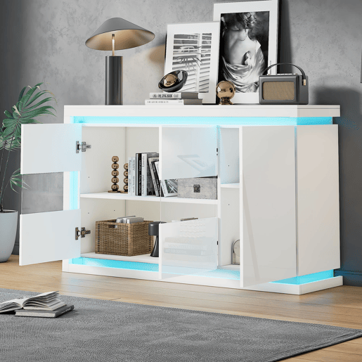 Móvel de sala 140x40x84 cm - Cômoda moderna com 4 compartimentos, iluminação LED, portas de vidro temperado - Branco