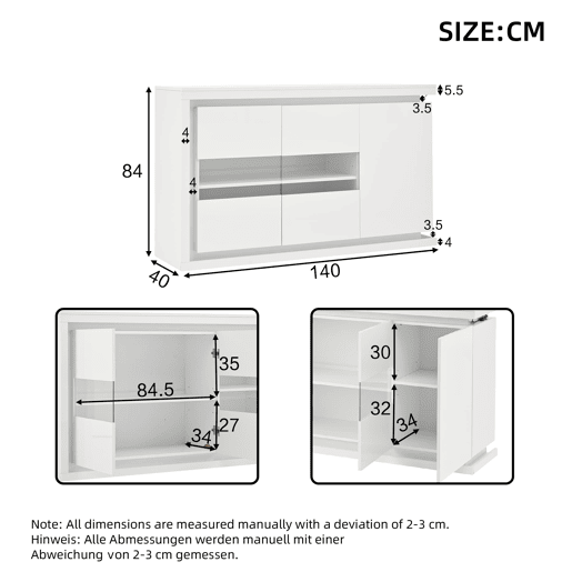 Móvel de sala 140x40x84 cm - Cômoda moderna com 4 compartimentos, iluminação LED, portas de vidro temperado - Branco