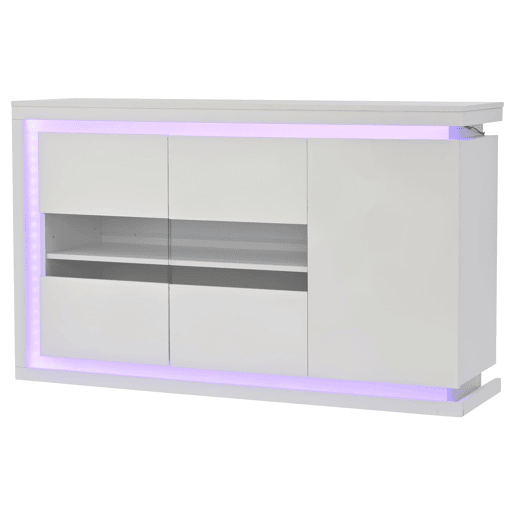 Móvel de sala 140x40x84 cm - Cômoda moderna com 4 compartimentos, iluminação LED, portas de vidro temperado - Branco