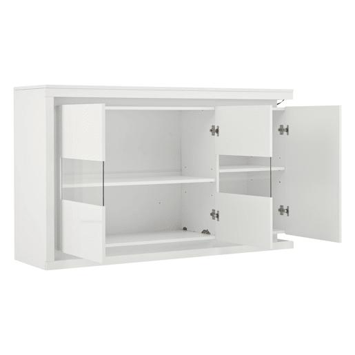 Móvel de sala 140x40x84 cm - Cômoda moderna com 4 compartimentos, iluminação LED, portas de vidro temperado - Branco
