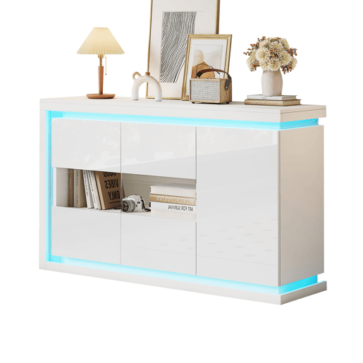 Móvel de sala 140x40x84 cm - Cômoda moderna com 4 compartimentos, iluminação LED, portas de vidro temperado - Branco