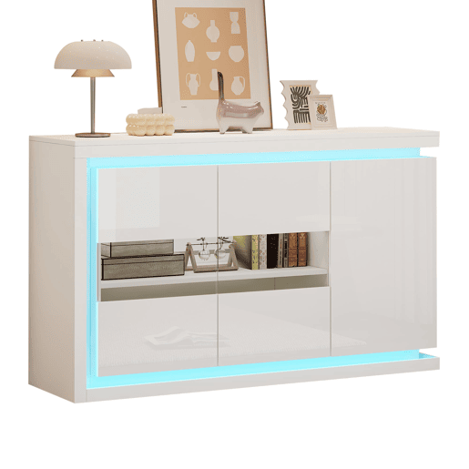 Móvel de sala 140x40x84 cm - Cômoda moderna com 4 compartimentos, iluminação LED, portas de vidro temperado - Branco
