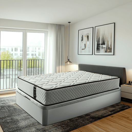 Conjunto Canapé 150x200 + Colchón - Canapé abatible con esquinas redondeadas 28 cm de almacenamiento + Colchón de muelles ensacados con viscoelástica Allegra (Doble Cara)