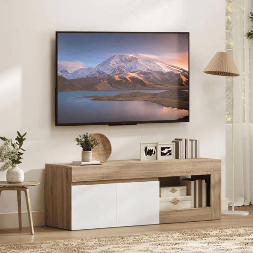 HOMCOM Móvel de TV Mobiliário de TV com 2 Portas Prateleira Aberta Móvel de TV de Sala de Estar para Televisóres de 60 Polegadas 140x40x48 cm Branco e Madeira HOMCOM Móvel de TV Mobiliário de TV com 2 Portas Prateleira Aberta Móvel de TV de Sala de Estar para Televisóres de 60 Polegadas 140x40x48 cm Branco e Madeira
