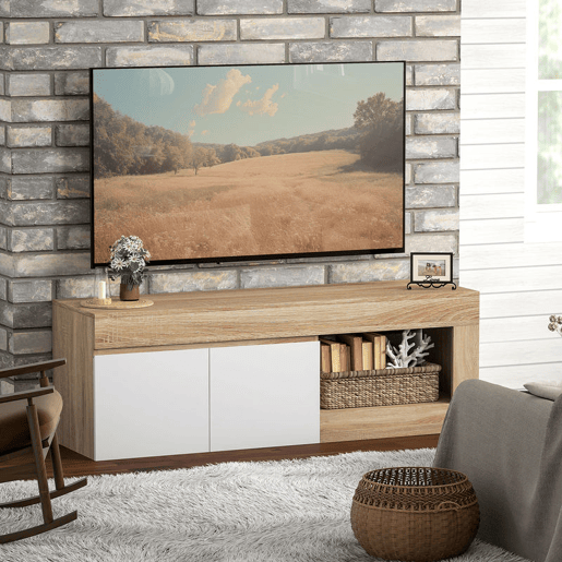 HOMCOM Móvel de TV Mobiliário de TV com 2 Portas Prateleira Aberta Móvel de TV de Sala de Estar para Televisóres de 60 Polegadas 140x40x48 cm Branco e Madeira HOMCOM Móvel de TV Mobiliário de TV com 2 Portas Prateleira Aberta Móvel de TV de Sala de Estar para Televisóres de 60 Polegadas 140x40x48 cm Branco e Madeira