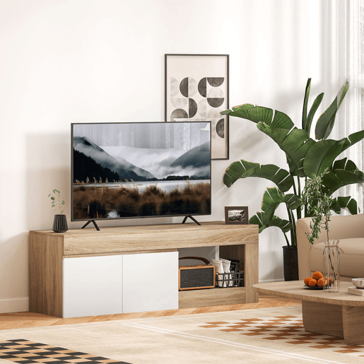 HOMCOM Móvel de TV Mobiliário de TV com 2 Portas Prateleira Aberta Móvel de TV de Sala de Estar para Televisóres de 60 Polegadas 140x40x48 cm Branco e Madeira HOMCOM Móvel de TV Mobiliário de TV com 2 Portas Prateleira Aberta Móvel de TV de Sala de Estar para Televisóres de 60 Polegadas 140x40x48 cm Branco e Madeira