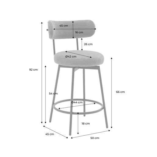 Banqueta de bar assento giratório metal e tecido, set de 2, Iris, Branco, 45x50x92 cm