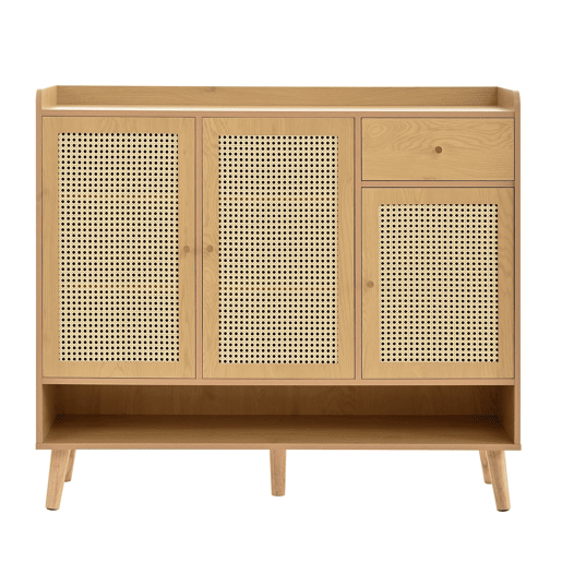 Sapateira de vime natural 120x106x35 cm - 3 portas, 1 gaveta, 5 prateleiras, madeira maciça