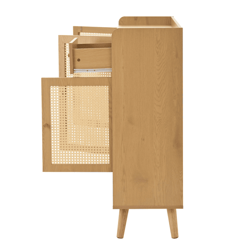 Sapateira de vime natural 120x106x35 cm - 3 portas, 1 gaveta, 5 prateleiras, madeira maciça
