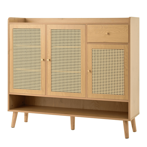Sapateira de vime natural 120x106x35 cm - 3 portas, 1 gaveta, 5 prateleiras, madeira maciça