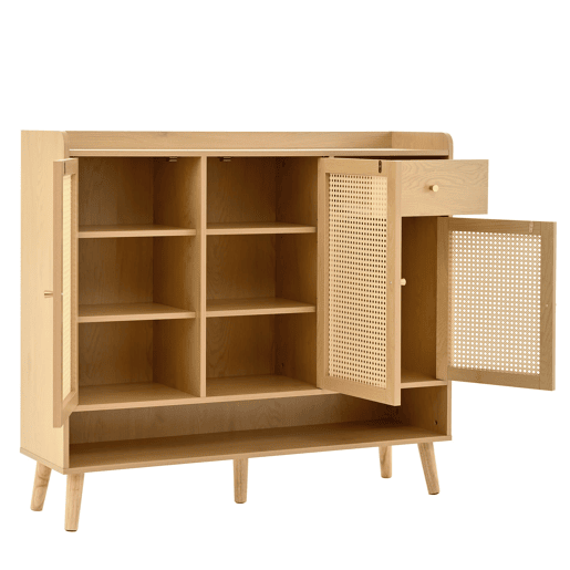 Sapateira de vime natural 120x106x35 cm - 3 portas, 1 gaveta, 5 prateleiras, madeira maciça