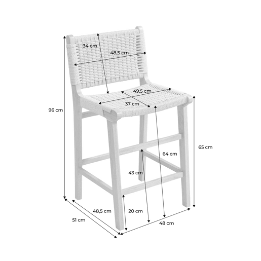 Banqueta de bar em madeira em cordas, set de 2, Joy, Efeito Noyer, 49.5x51x96 cm