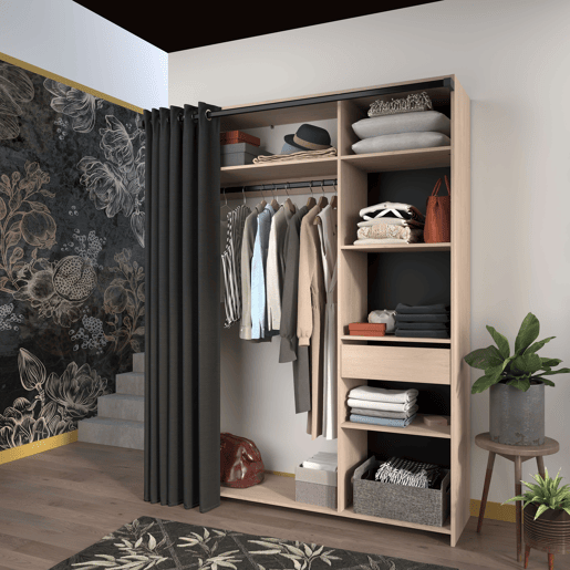 Guarda-roupa escuro com gaveta e cabideiro, em carvalho Brooklyn com cortina preta texturizada, 161x200x40 cm