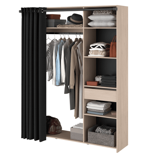 Guarda-roupa escuro com gaveta e cabideiro, em carvalho Brooklyn com cortina preta texturizada, 161x200x40 cm