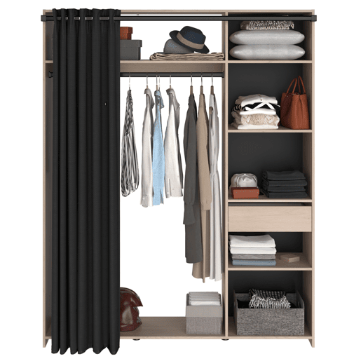 Guarda-roupa escuro com gaveta e cabideiro, em carvalho Brooklyn com cortina preta texturizada, 161x200x40 cm