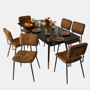 Conjunto De Mesa De Jantar Extensível Com 6 Cadeiras Estofadas Em Efeito Couro, Estrutura Metálica Preta E Estilo Moderno Industrial, Ideal Para Sala De Jantar Ou Cozinha