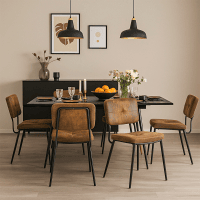 Conjunto De Mesa De Jantar Extensível Com 6 Cadeiras Estofadas Em Efeito Couro, Estrutura Metálica Preta E Estilo Moderno Industrial, Ideal Para Sala De Jantar Ou Cozinha