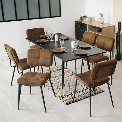 Conjunto De Mesa De Jantar Extensível Com 6 Cadeiras Estofadas Em Efeito Couro, Estrutura Metálica Preta E Estilo Moderno Industrial, Ideal Para Sala De Jantar Ou Cozinha