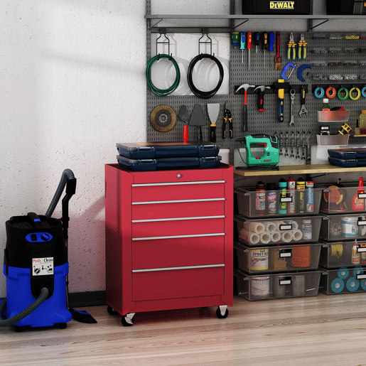 HOMCOM Carrinho de Ferramentas para Oficina com Rodas e 5 Gavetas Carrinho de Ferramentas com Fechadura e Alça Lateral 61,5x33x85 cm Vermelho