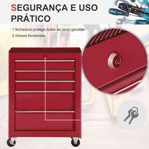 HOMCOM Carrinho de Ferramentas para Oficina com Rodas e 5 Gavetas Carrinho de Ferramentas com Fechadura e Alça Lateral 61,5x33x85 cm Vermelho
