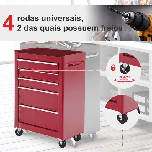 HOMCOM Carrinho de Ferramentas para Oficina com Rodas e 5 Gavetas Carrinho de Ferramentas com Fechadura e Alça Lateral 61,5x33x85 cm Vermelho