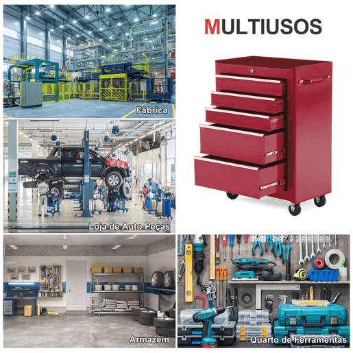 HOMCOM Carrinho de Ferramentas para Oficina com Rodas e 5 Gavetas Carrinho de Ferramentas com Fechadura e Alça Lateral 61,5x33x85 cm Vermelho