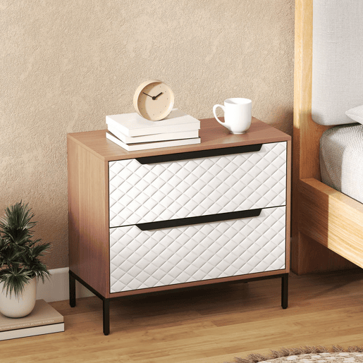 HOMCOM Cómoda com 2 Gavetas de Tecido, Cómoda para Quarto, Estrutura em MDF, Frentes com Padrão de Diamante, Gaveteiro para Sala, Escritório, Closet, Natural e Branco