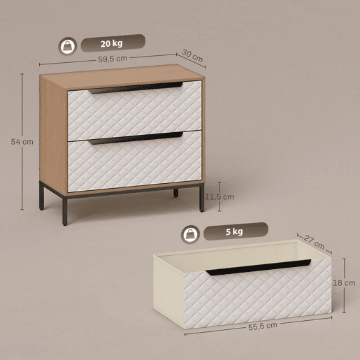 HOMCOM Cómoda com 2 Gavetas de Tecido, Cómoda para Quarto, Estrutura em MDF, Frentes com Padrão de Diamante, Gaveteiro para Sala, Escritório, Closet, Natural e Branco
