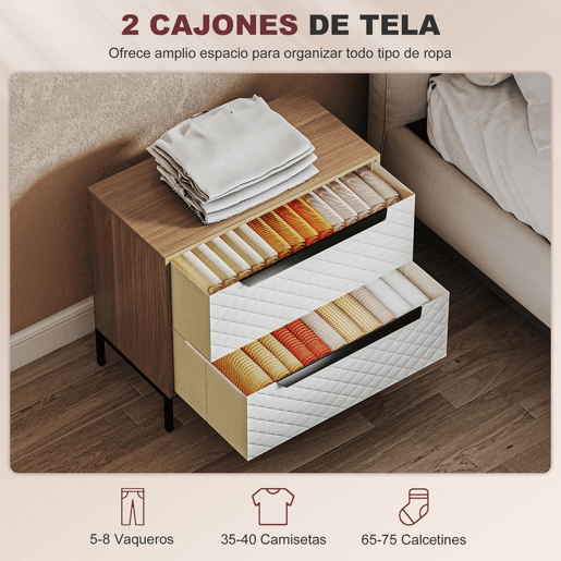 HOMCOM Cómoda com 2 Gavetas de Tecido, Cómoda para Quarto, Estrutura em MDF, Frentes com Padrão de Diamante, Gaveteiro para Sala, Escritório, Closet, Natural e Branco