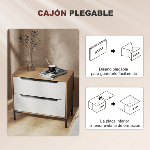 HOMCOM Cómoda com 2 Gavetas de Tecido, Cómoda para Quarto, Estrutura em MDF, Frentes com Padrão de Diamante, Gaveteiro para Sala, Escritório, Closet, Natural e Branco