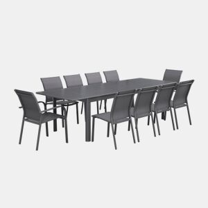 Mesa de jardim extensível de alumínio 8 cadeiras, 2 poltronas, Seattle + Cleveland + Buffalo, Antracite, 290x100x75 cm