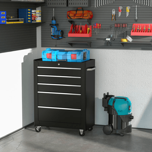 HOMCOM Carrinho de Ferramentas para Oficina com Rodas e 5 Gavetas Carrinho de Ferramentas com Fechadura e Alça Lateral 61,5x33x85 cm Preto