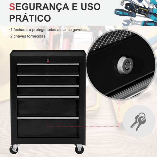 HOMCOM Carrinho de Ferramentas para Oficina com Rodas e 5 Gavetas Carrinho de Ferramentas com Fechadura e Alça Lateral 61,5x33x85 cm Preto